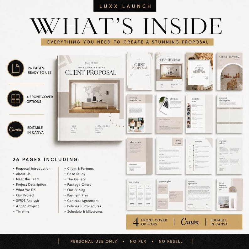 May include: A digital client proposal template set titled LUXX LAUNCH, featuring 26 editable pages in Canva. The layout includes four front cover options, sections for project descriptions, team introductions, pricing, and contract agreements.