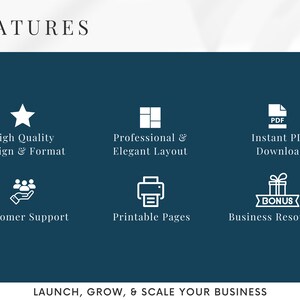 May include: A graphic with a blue background and white text that reads "FEATURES".  There are six icons with white outlines and text below each icon. The icons represent high quality design, professional layout, instant PDF download, customer support, printable pages, and business resources.
