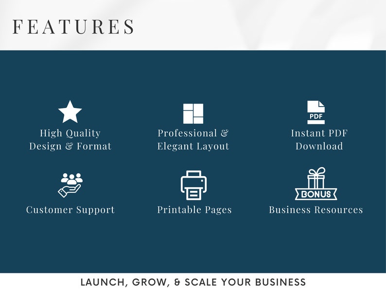May include: A graphic with a blue background and white text that reads "FEATURES".  There are six icons with white outlines and text below each icon. The icons represent high quality design, professional layout, instant PDF download, customer support, printable pages, and business resources.