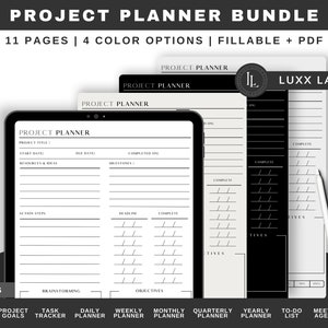 May include: A digital planner bundle with 11 pages and 4 color options. The bundle includes a project planner, project goals, task tracker, daily planner, weekly planner, monthly planner, quarterly planner, yearly planner, to-do list, meeting agenda, and notes. The planner is fillable and in PDF format.