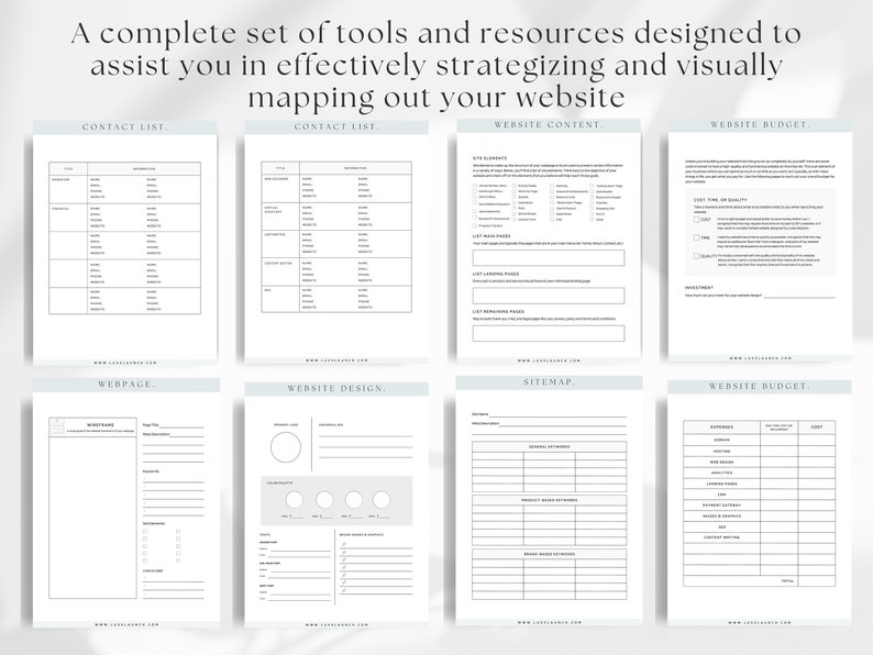 May include: A set of printable worksheets to help you plan and design your website. The worksheets include sections for contact lists, website content, sitemaps, and website budgets.