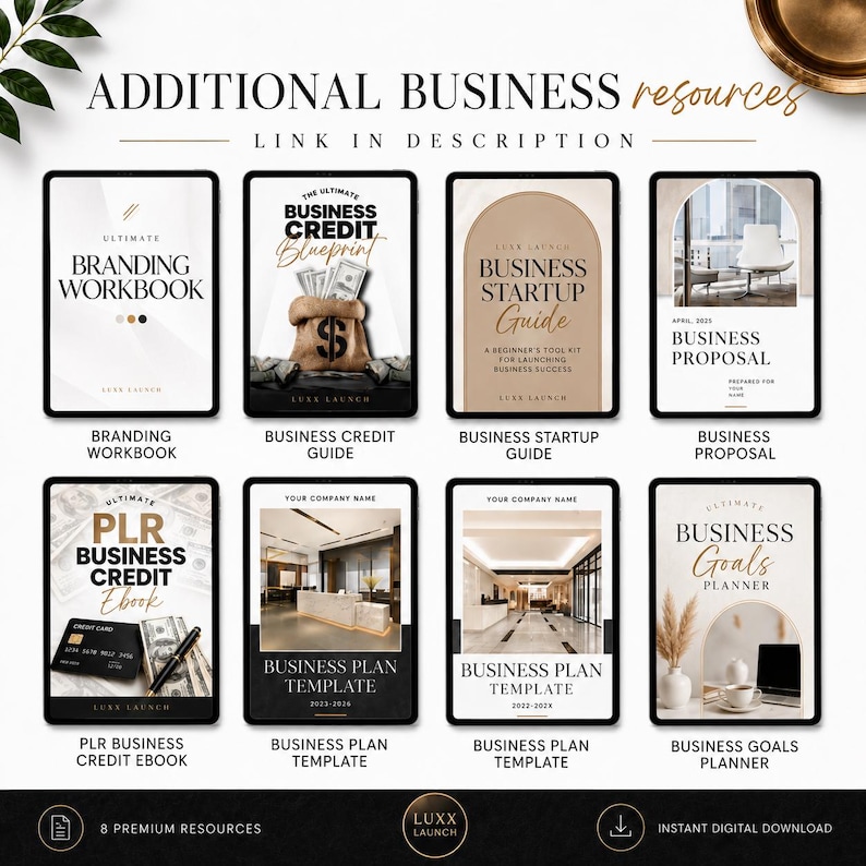 May include: A collection of eight digital business resource templates arranged in two rows. The covers feature titles including Branding Workbook, Business Credit Blueprint, Business Startup Guide, Business Proposal, PLR Business Credit Ebook, and Business Plan Template, alongside a Business Goals Planner.