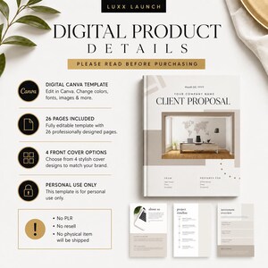 May include: A digital product information sheet for a Canva template titled Luxx Launch Client Proposal. It lists 26 pages, 4 cover options, and personal use terms. The document features a neutral color palette with black text and icons.