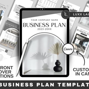 Può includere: Un mockup di tablet digitale che mostra un modello di business plan con uno schema di colori grigio e bianco. Il modello presenta un design moderno con un grande titolo "BUSINESS PLAN" e il testo "YOUR COMPANY NAME" in alto. Il modello è progettato per essere utilizzato con Canva, una popolare piattaforma di progettazione grafica. L'immagine include anche il testo "LUXX LAUNCH" e "CUSTOMIZE IN CANVA".
