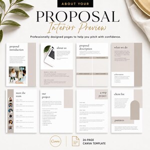 May include: A 26-page Canva template for a business proposal featuring a neutral color palette of white, beige, and black. The layout includes sections for proposal introduction, about us, project description, what we do, meet the team, our project, 4 step project, and client list with text and image placeholders.
