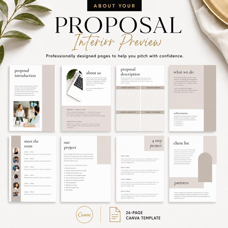 May include: A 26-page Canva template for a business proposal featuring a neutral color palette of white, beige, and black. The layout includes sections for proposal introduction, about us, project description, what we do, meet the team, our project, 4 step project, and client list with text and image placeholders.