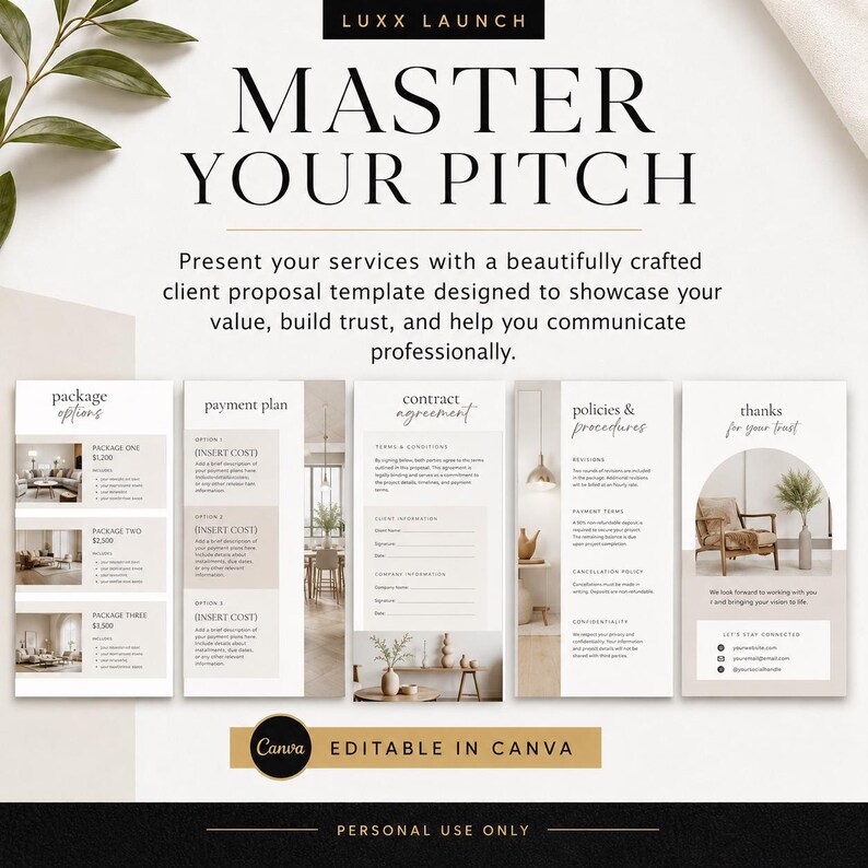 May include: A digital client proposal template titled Master Your Pitch by Luxx Launch. The document features five vertical pages including package options, payment plans, contract agreements, policies, and a thank you page, all editable in Canva.