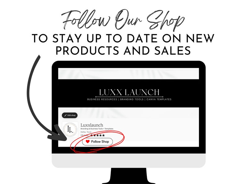 May include: A computer screen displaying a website for Luxx Launch, a business resource website offering branding tools and Canva templates. The website has a black and white color scheme and features a call to action to follow the shop.