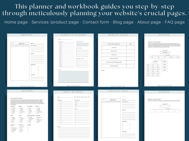May include: A printable worksheet with a light blue background and black text. The worksheet is divided into sections for website planning, including webpage, schedule planner, website goals, and sitemap.