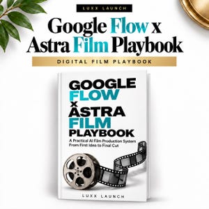 Peut inclure: Un livre blanc intitulé Google Flow x Astra Film Playbook avec le sous-titre A Practical AI Film Production System From First Idea to Final Cut. La couverture présente une bobine de film argentée avec une bande de film noire en bas.