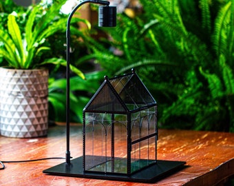 Handmade Twisted Wire House Shape Glass Geometric Terrarium with LED Light Set, Jumping Spider/Snail Terrarium, Jumping Spider Enclosure