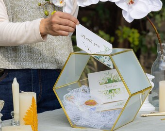 Handmade Hexagon Gold Brass and Glass Card box, Lockable, with Slot for Wedding, Lockable Card Box, Wedding Post Box, Mother's Day Gift