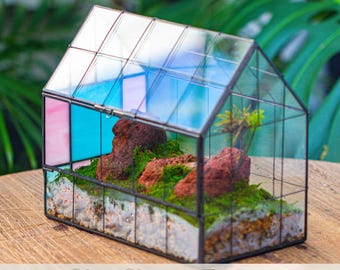 US Domestic Stained Glass House Terrarium: Vintage Style Geometric Planter (Plants Excluded), Mother's Day Gift