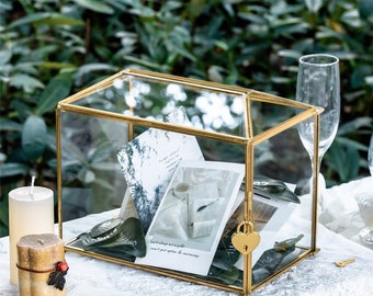 Handmade Standard Geometric Glass Card Box Terrarium with Slot and Heart Lock,Gold Wedding Postbox,Letter Box,Post Box,Mother's Day Gift