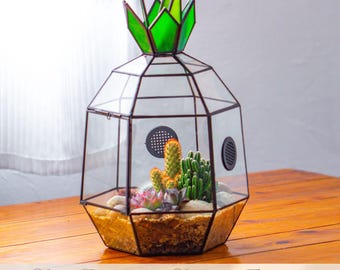 Ship to US Handmade Stained Glass Pineapple-shaped Terrarium with mesh vents: 2-Part Modern Geometric Planter (Plants Excluded)