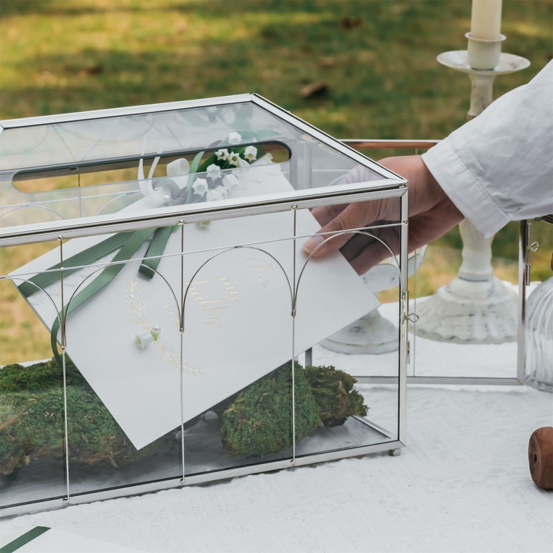 Vintage Silver Large Geometric Glass Card Box Terrarium with Slot, Heart Lock, Foot, Handmade Brass for Wedding Reception, Mother's Day Gift image 6