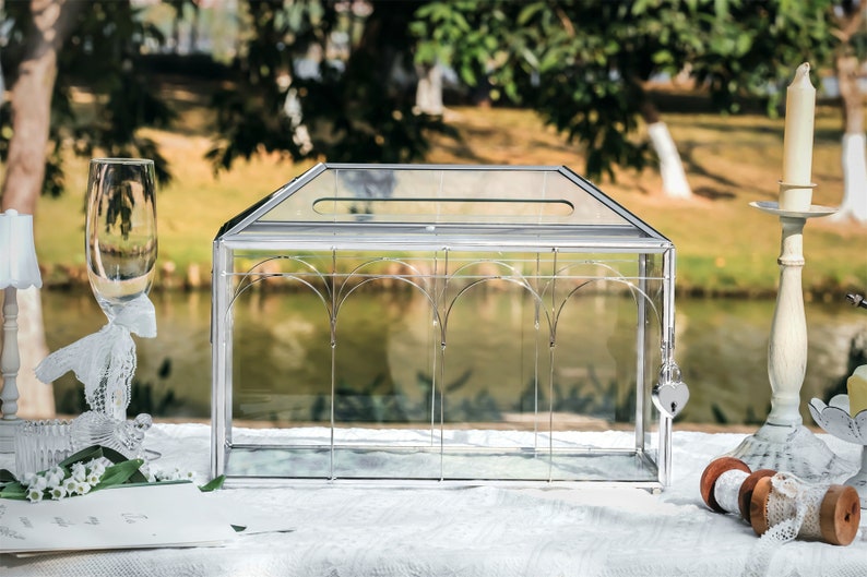 Vintage Silver Large Geometric Glass Card Box Terrarium with Slot, Heart Lock, Foot, Handmade Brass for Wedding Reception, Mother's Day Gift image 5