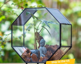 US Domestic Handmade Geometric Terrarium, Large Octagon Glass Jump Spider Enclosure with Mesh Vent for Plants, Insect Habitat,Terrarium Only