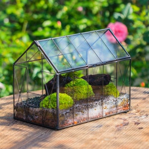 Handmade Vintage Greenhouse inspired tin and glass geometric terrarium Terraium, Close, for moss, fern, shade plants, Mother's Day Gift