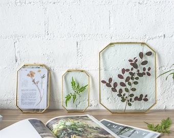 Handmade Wall Hanging Long Octagon Herbarium Brass Glass Frame for Pressed Flowers Dried floating Frame, Photo Frame, Mother's Day Gift