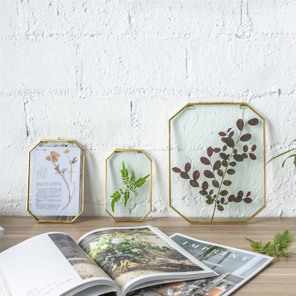 Handmade Wall Hanging Long Octagon Herbarium Brass Glass Frame for Pressed Flowers Dried floating Frame, Photo Frame