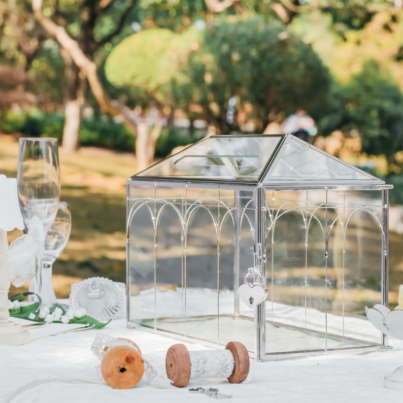 Vintage Silver Large Geometric Glass Card Box Terrarium with Slot, Heart Lock, Foot, Handmade Brass for Wedding Reception, Mother's Day Gift image 4