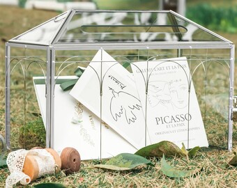 Vintage Silver Large Geometric Glass Card Box Terrarium with Slot, Heart Lock,Foot,Handmade Brass for Wedding Reception,Graduation Card Box