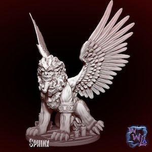 May include: A light gray miniature figurine of a winged sphinx with a lion-like body and a human-like face. The creature features large, detailed feathered wings, a decorative arm band, and sits upon a base with small candle-like objects.
