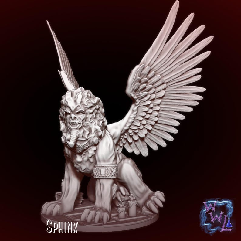May include: A light gray miniature figurine of a winged sphinx with a lion-like body and a human-like face. The creature features large, detailed feathered wings, a decorative arm band, and sits upon a base with small candle-like objects.