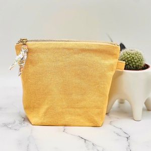 Yellow LINEN Small Zipper Pouch /Optional Personalization Service /Softened Linen /Double Layer /Cosmetic Bag /Toiletry Purse /Gifts for Her Without Name