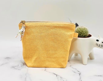 Yellow LINEN Small Zipper Pouch /Optional Personalization Service /Softened Linen /Double Layer /Cosmetic Bag /Toiletry Purse /Gifts for Her