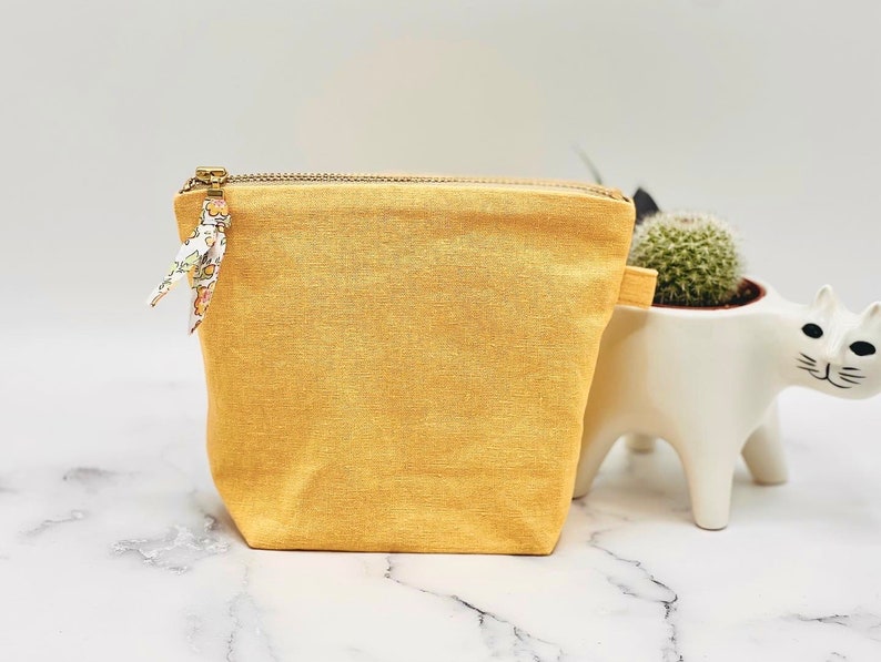 Yellow LINEN Small Zipper Pouch /Optional Personalization Service /Softened Linen /Double Layer /Cosmetic Bag /Toiletry Purse /Gifts for Her Without Name