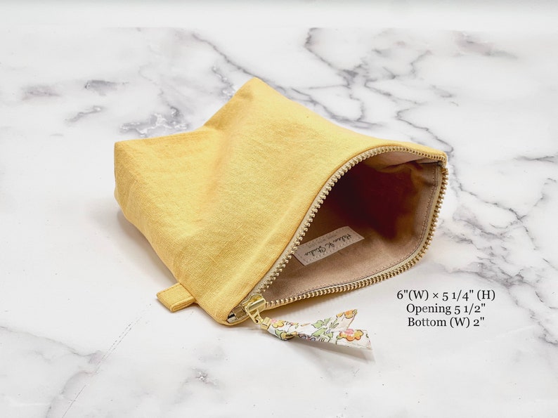Yellow LINEN Small Zipper Pouch /Optional Personalization Service /Softened Linen /Double Layer /Cosmetic Bag /Toiletry Purse /Gifts for Her image 3