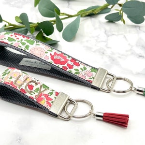 Liberty Fabric Key Fob Wristlet or Mini Size/ Optional Personalization Service/ Tassel Charm & Cotton Webbing/ Personalized Gifts for Her