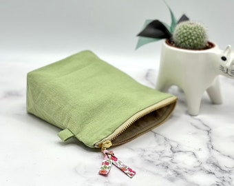 RESTOCK*Green LINEN Small Zipper Pouch /Optional Personalization  /Softened Linen /Double Layer /Cosmetic Bag /Toiletry Purse /Gifts for Her