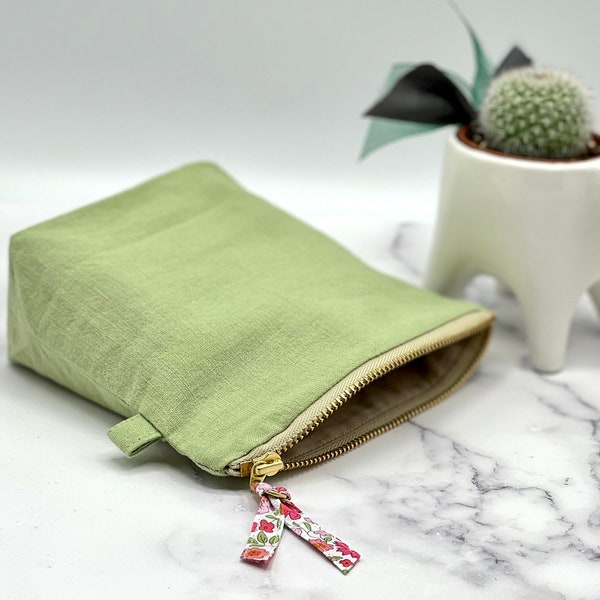 RESTOCK*Green LINEN Small Zipper Pouch /Optional Personalization  /Softened Linen /Double Layer /Cosmetic Bag /Toiletry Purse /Gifts for Her