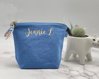 Blue LINEN Small Zipper Pouch /Optional Personalization Service /Softened Linen /Double Layer /Cosmetic Bag, Toiletry Purse /Gifts for Her