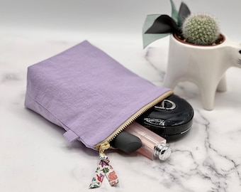 Lilac Linen Zipper Pouch /Optional Personalization /Liberty Fabric Pull /Softened Double Layer Cosmetic Bag, Small Toiletry Purse