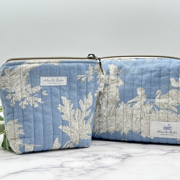 NEW*Quilted Zipper Pouch /French Toile De Jouy Fabric /Softened Cotton, Double Layer /Cosmetic, Toiletry Bag /Essential Purse /Gifts for Her