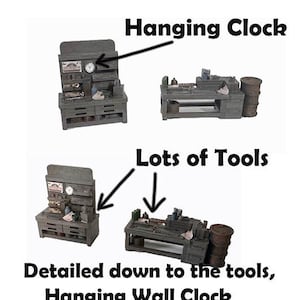 May include: A set of gray workbenches with a hanging clock and lots of tools. The text says "Old WorkBenches for the Workshop", "Hanging Clock", "Lots of Tools", "Detailed down to the tools, Hanging Wall Clock Really Unique Set".