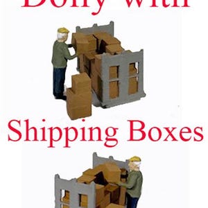 May include: A worker loading a gray dolly with brown cardboard boxes. The dolly has a metal frame and wheels. The worker is wearing a blue shirt and a brown hat. The text "Worker Loading Dolly with Shipping Boxes" is written in red at the top of the image.