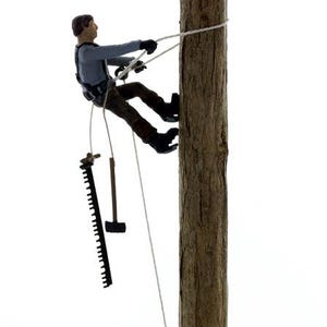 May include: A figure of a person climbing a tree with a rope and a saw hanging from their belt.