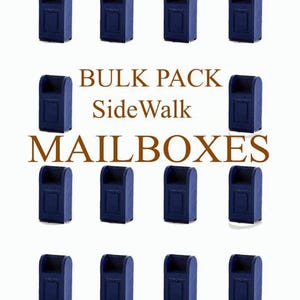 May include: A collection of twelve navy blue sidewalk mailboxes. The mailboxes are rectangular with a curved top and a small door. The text "BULK PACK SideWalk MAILBOXES" is displayed in brown letters.