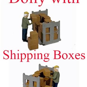 May include: A worker loading a gray dolly with brown cardboard boxes. The dolly has a metal frame and wheels. The worker is wearing a blue shirt and a brown hat. The text "Worker Loading Dolly with Shipping Boxes" is written in red at the top of the image.