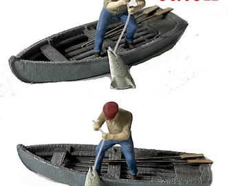 HO Scale People Fisherman in Boat Pulling Fish Catch out of water Finished Figure Set