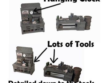 S Scale Workbench Set for your Workshops Super Detailed down to the tools and even a hanging wall clock and Sign