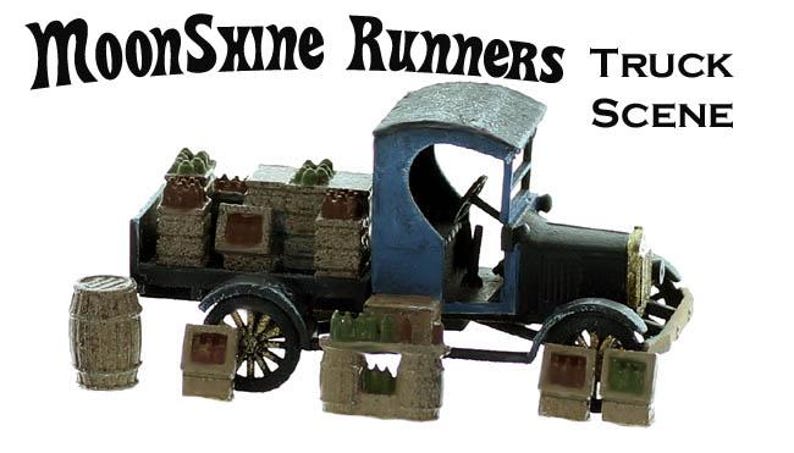 May include: A blue toy truck with a wooden bed carrying boxes of produce. The truck is labeled "Moonshine Runners Truck Scene".