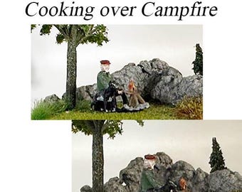 O Scale Hobo with Dog Cooking on Campfire Set 1/48 Figure comes PAINTED