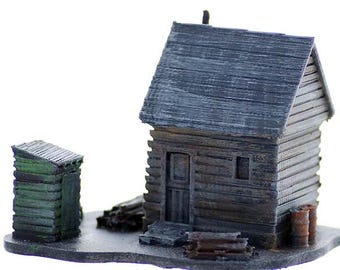 N Scale Backwoods Shack with Outhouse SCENE 1/160 structure Painted