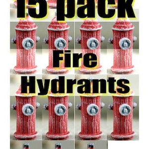May include: A set of 15 red fire hydrants with white accents. The hydrants are arranged in three rows of five. The image includes the text "15 pack Fire Hydrants".